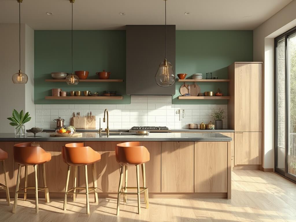"Modern sunlit kitchen with oak cabinets, quartz countertops, green accent wall, central island and floating shelves with copper cookware"