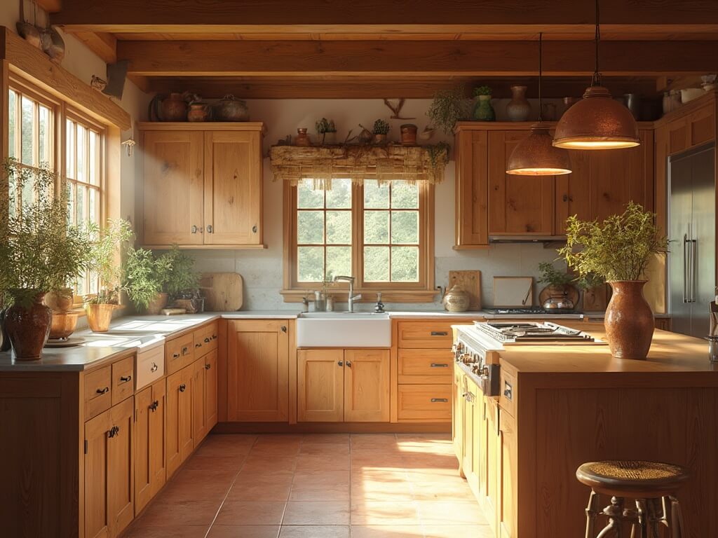 "Sunlit farmhouse kitchen with rustic hickory cabinets, quartz countertops, butcher block island, copper pendant lights, and artisan ceramics"