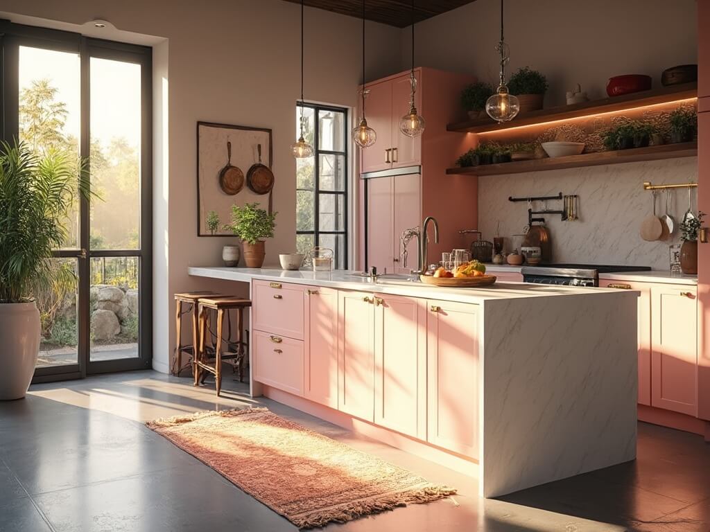 "Sophisticated pink kitchen interior with Carrara marble island and floor-to-ceiling windows"