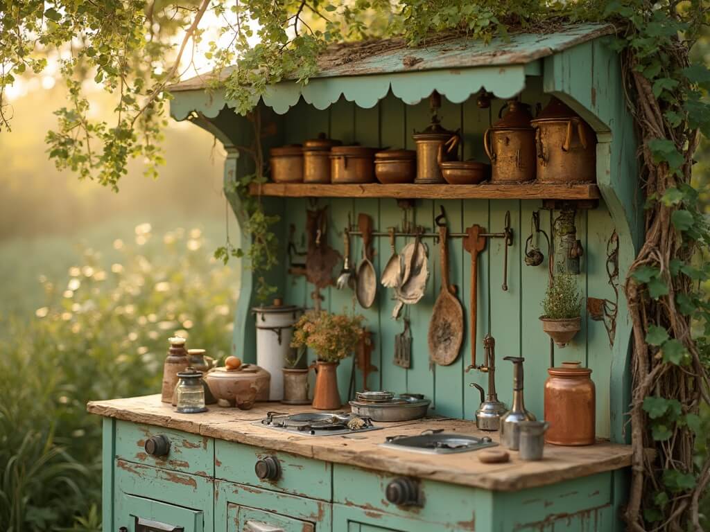 "Whimsical outdoor mud kitchen with rustic wooden countertops, vintage enamelware, and botanical shelving bathed in soft golden light"