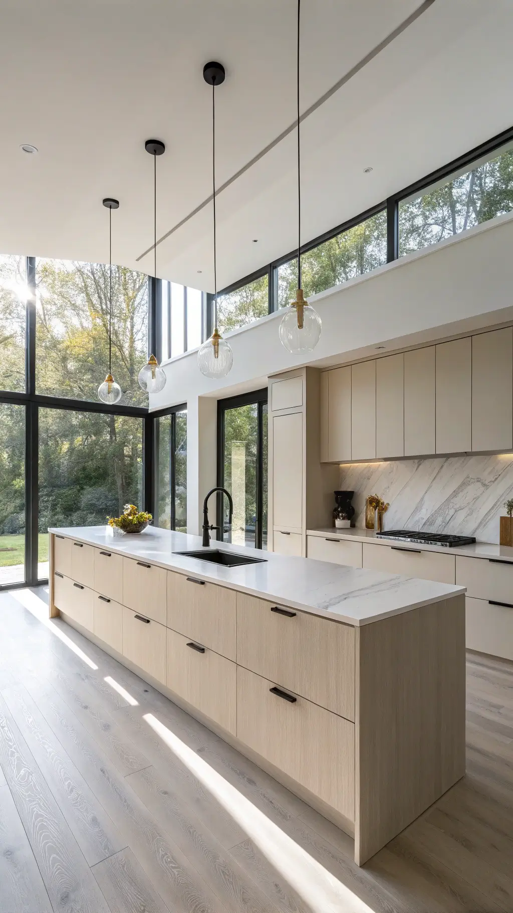 Modern minimalist kitchen with sleek beige cabinets, cream waterfall quartz island, matte black faucet, minimalist pendant lights, and brushed brass hardware, bathed in morning light through expansive floor-to-ceiling windows.