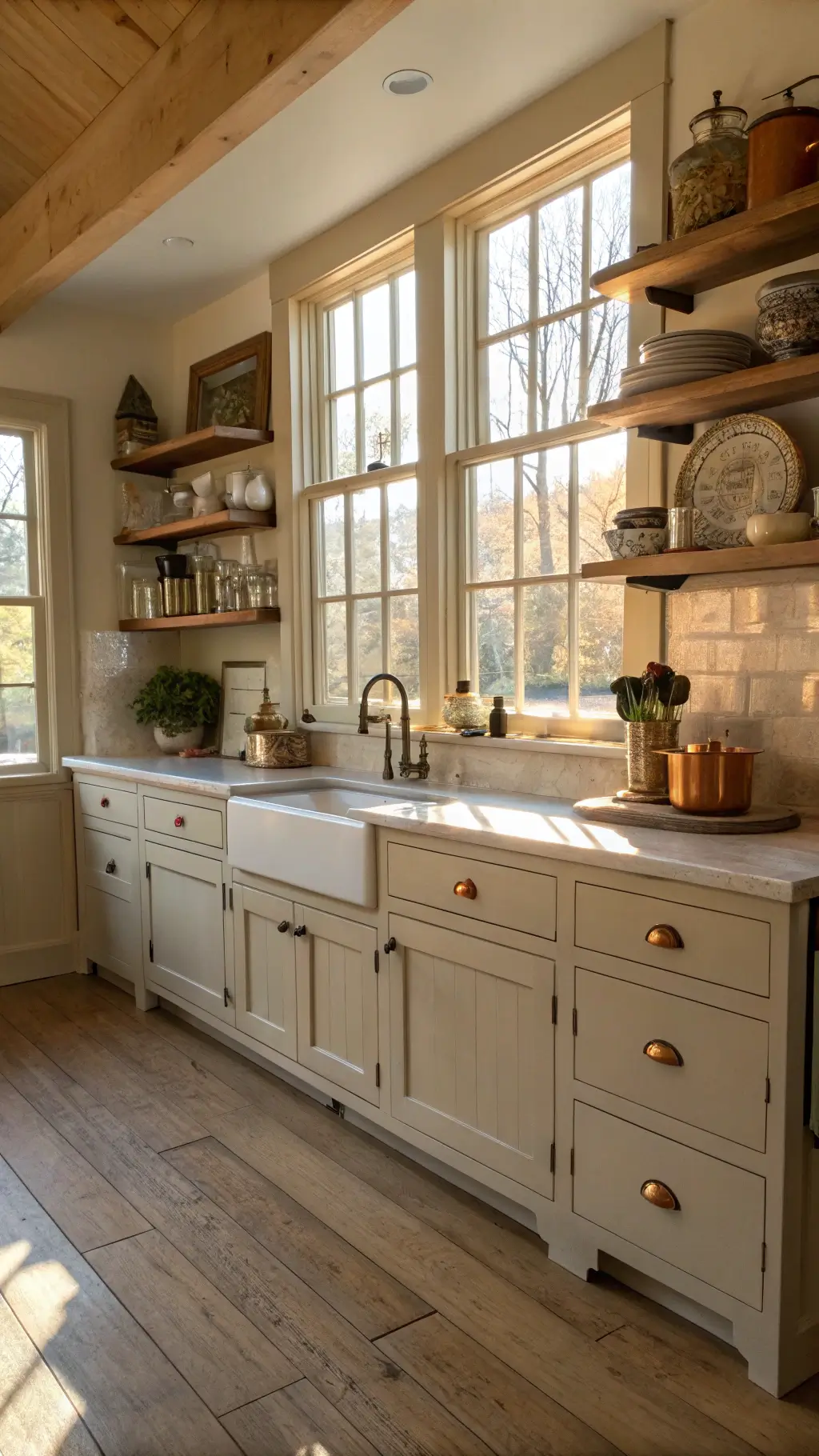 Cozy country kitchen with beige Shaker-style cabinets, vintage ceramics, copper farmhouse sink, and butcher block island in afternoon sunlight.