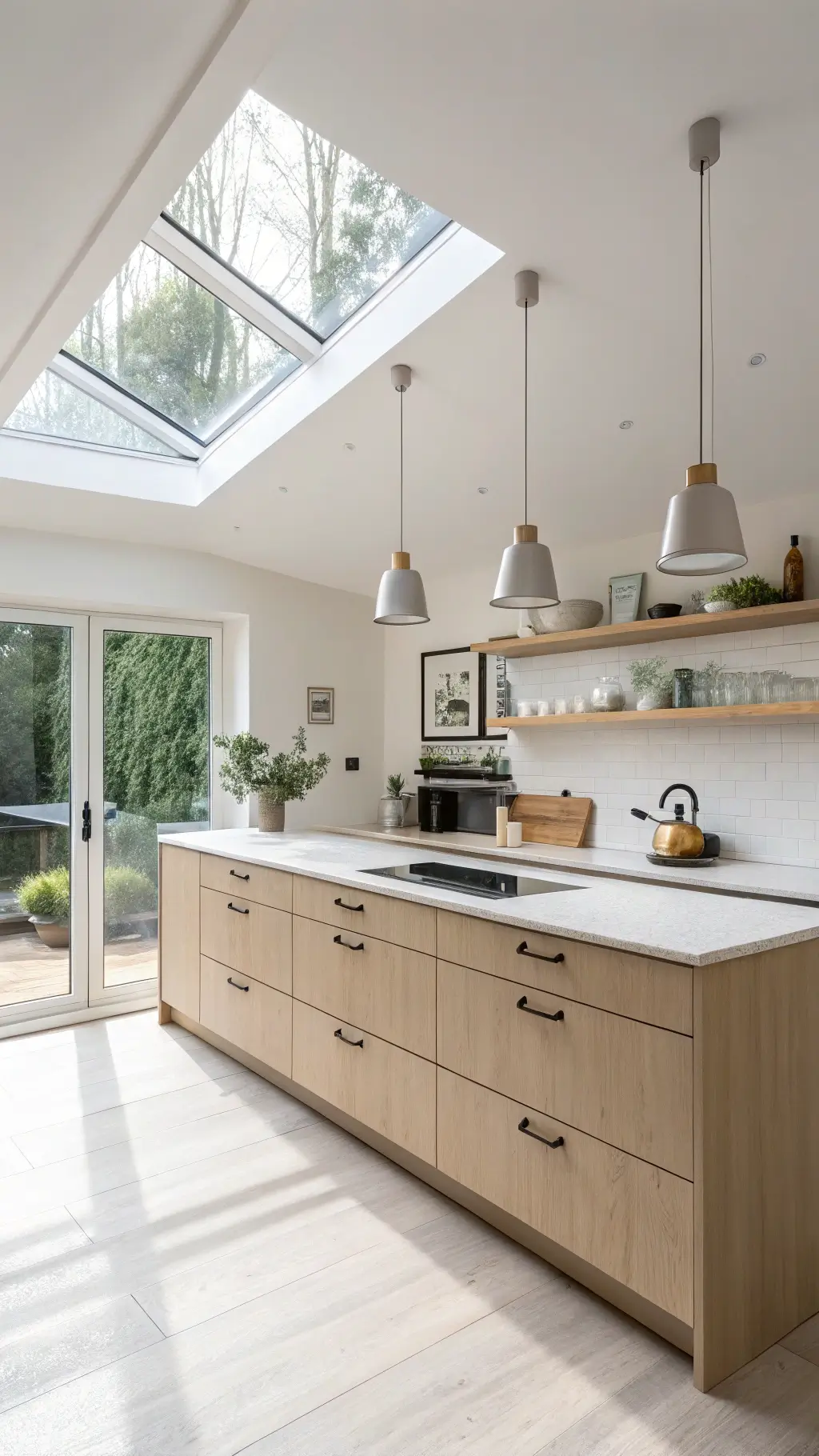 Bright and airy Scandinavian minimalist kitchen with beige cabinets, pale oak shelves, white countertops, and frosted glass pendants illuminated by midday light through skylight and windows