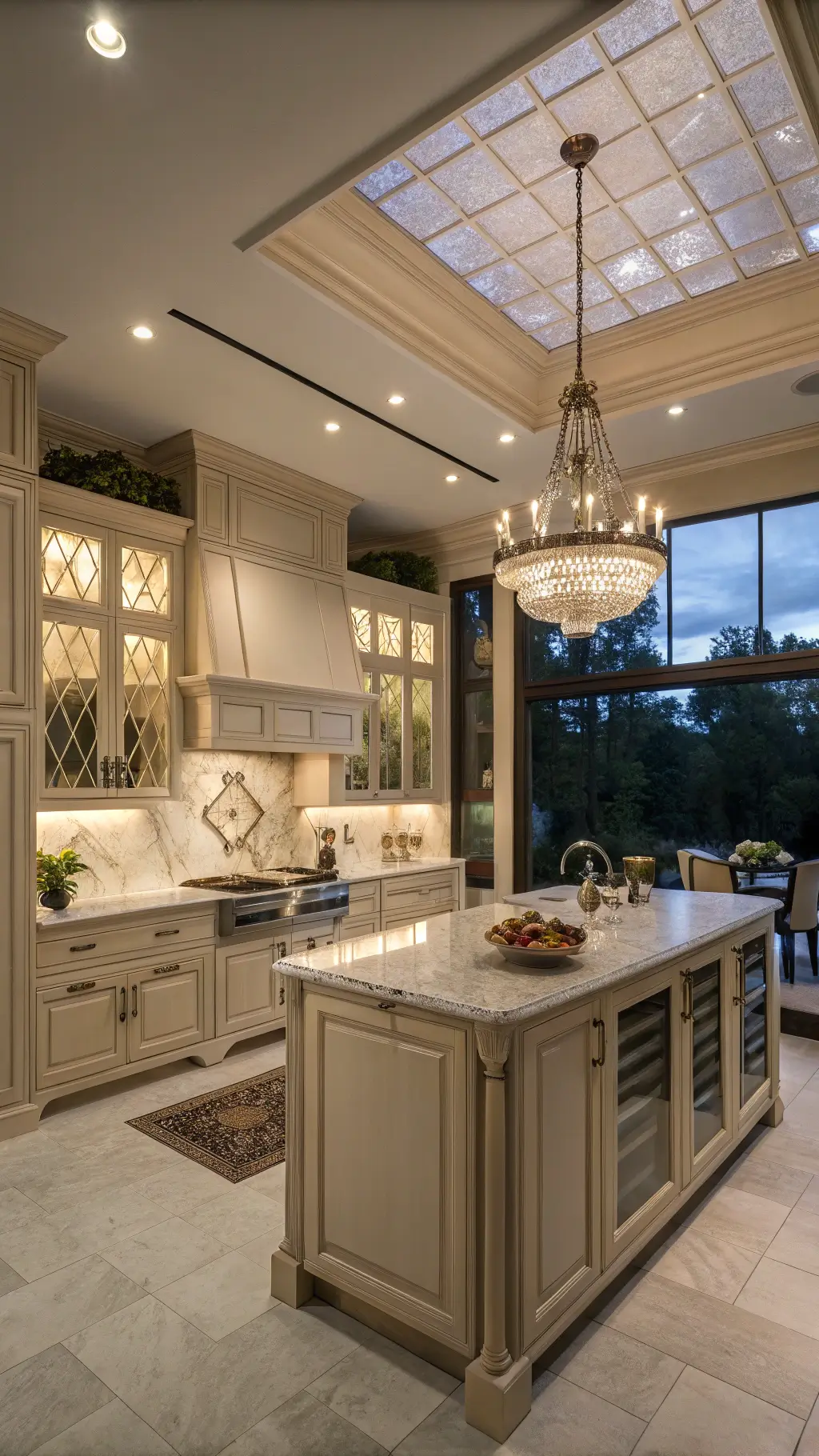 Luxurious dusk-lit chef's kitchen with high tray ceiling, warm beige cabinets, professional appliances, calacatta marble backsplash, mixed metals hardware, and a circular breakfast nook under a crystal chandelier