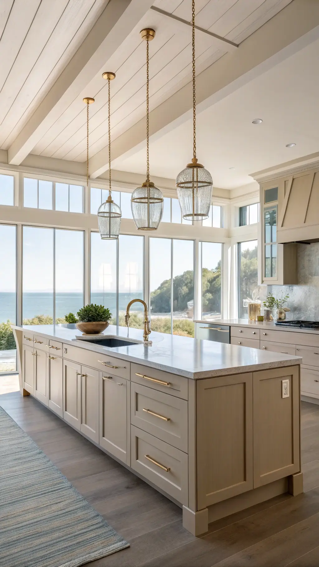 Spacious contemporary coastal kitchen with morning light entering through a wall of windows, featuring sandy beige flat-panel cabinets, a blue-grey island with waterfall edges, brushed gold fixtures, and textured glass pendants.