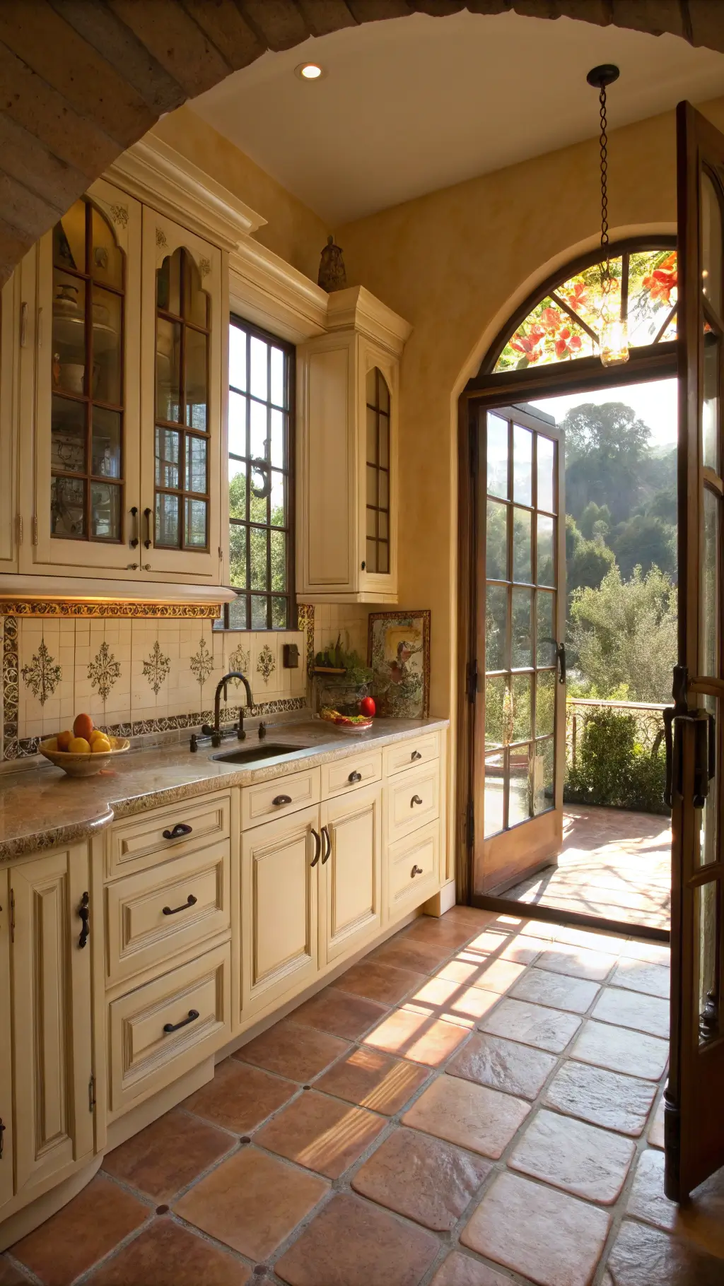 Mediterranean-style kitchen bathed in late morning sunlight, featuring creamy beige cabinets, terra cotta floor tiles, oil-rubbed bronze hardware, and vibrant tile backsplash
