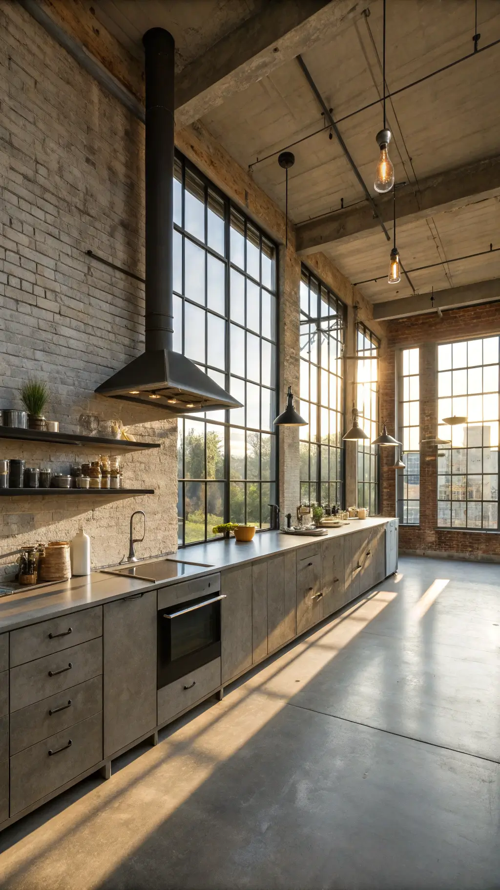 Industrial modern loft kitchen with greige slab cabinets, blackened steel open shelving, leather pull handles, and Edison bulb pendants, bathed in cool morning light filtering through factory-style windows.