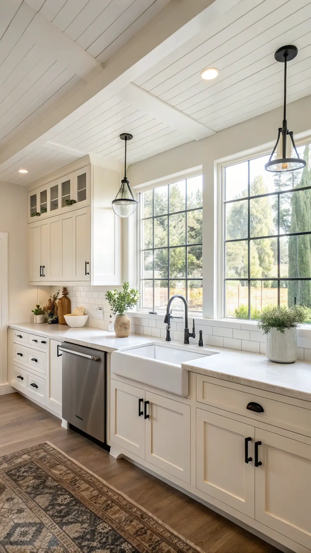Bright and airy modern minimalist cream kitchen with high ceilings, black hardware, white quartz countertops, stainless steel appliances, and a farmhouse sink under a large window.