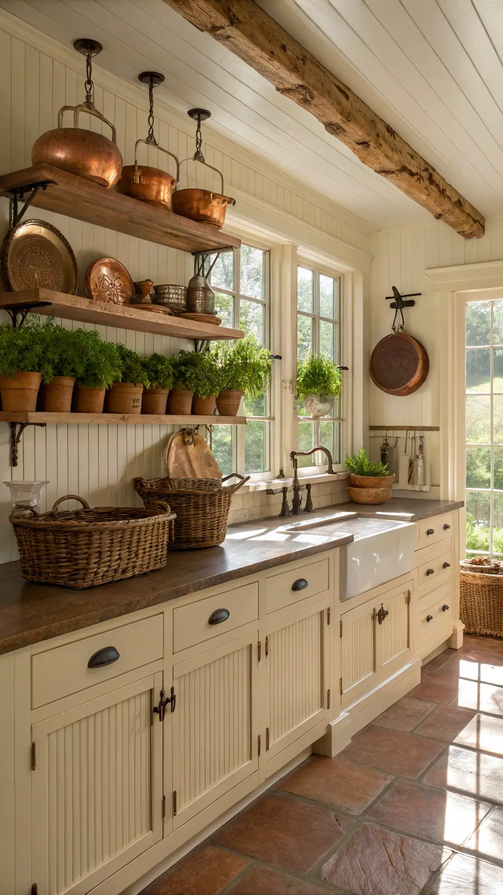 Warm, rustic farmhouse kitchen with cream cabinets, reclaimed wood shelves, hanging copper pots and a butcher block island with fresh herbs, bathed in late afternoon sunlight.