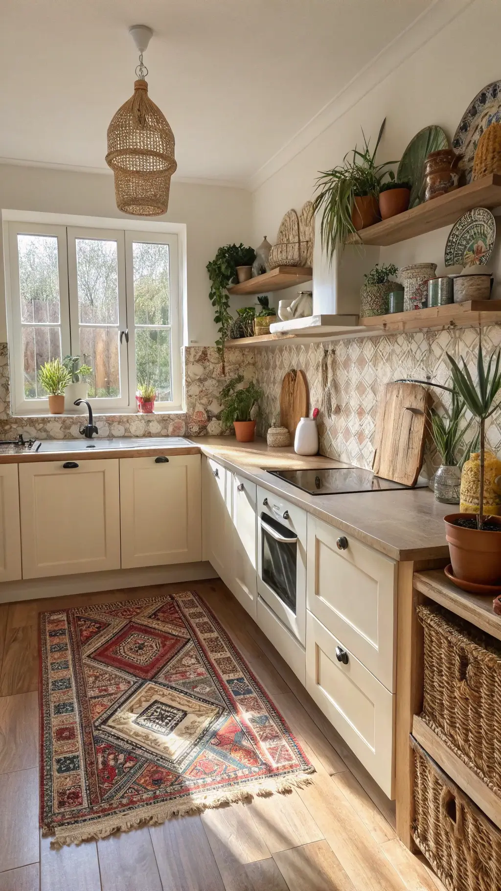 Cozy bohemian-inspired kitchen with cream cabinets, open shelving, colorful Moroccan tile backsplash, vintage rugs on wood floors, and macramé plant hangers by the window in morning light.