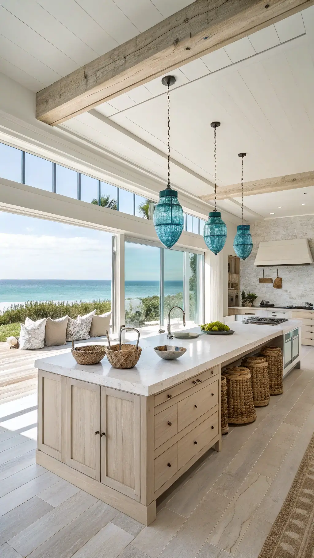 High angle view of a spacious, contemporary coastal kitchen with cream cabinets, a bleached wood island, blue glass pendants, and white stone surfaces, featuring ocean views through a wall of windows, complete with driftwood art and seagrass baskets for a breezy, sophisticated beach style ambiance.