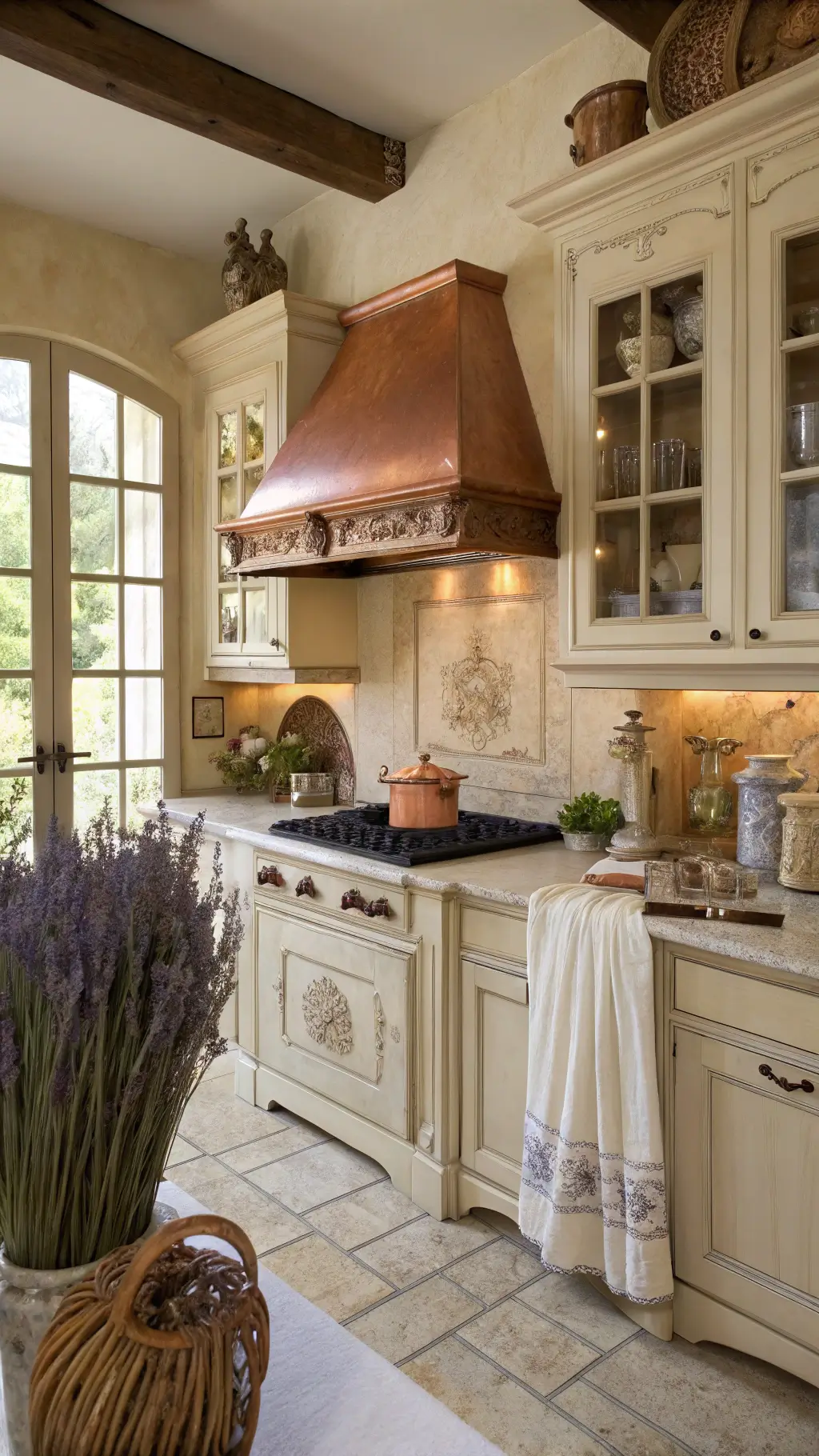 Romantic European-style French Country Kitchen with cream glazed cabinets, copper range hood, Provençal pottery, fresh lavender bundles, and vintage linens in golden hour lighting.
