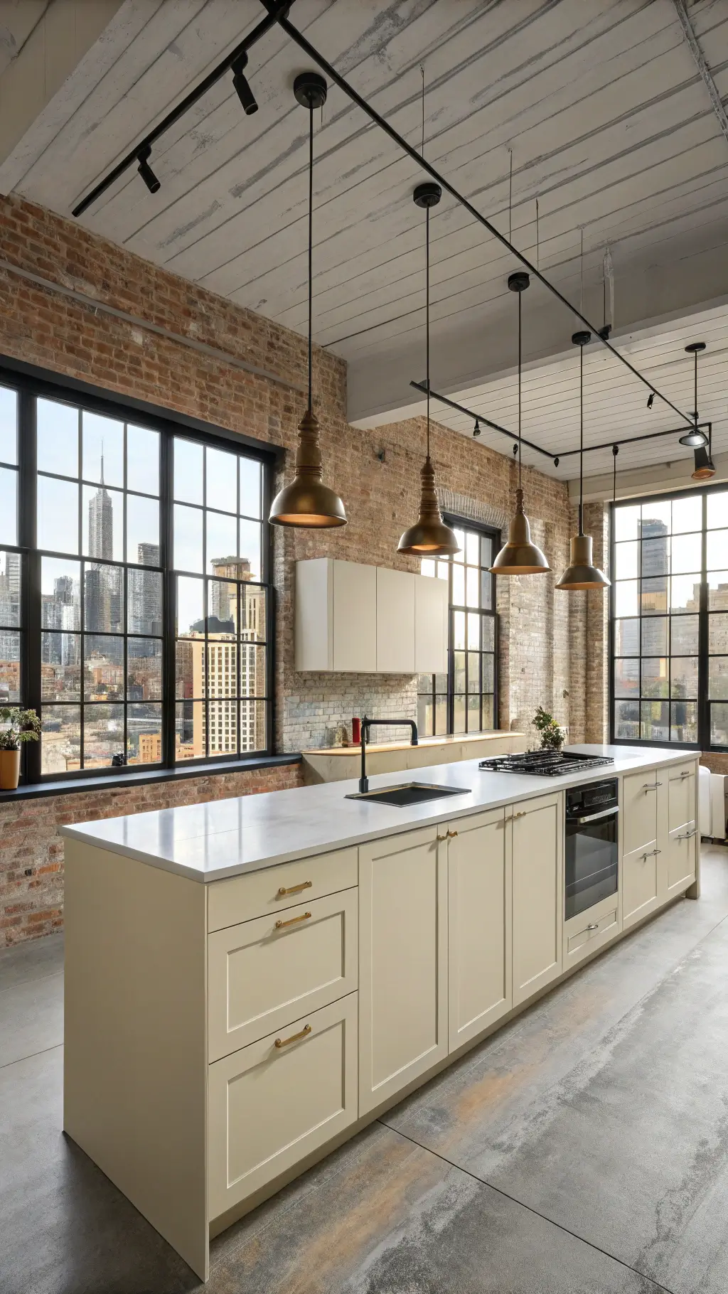 Loft-style modern kitchen with cream cabinets, concrete countertops, black steel-framed windows overlooking the city, illuminated by minimalist brass pendants with an urban backdrop