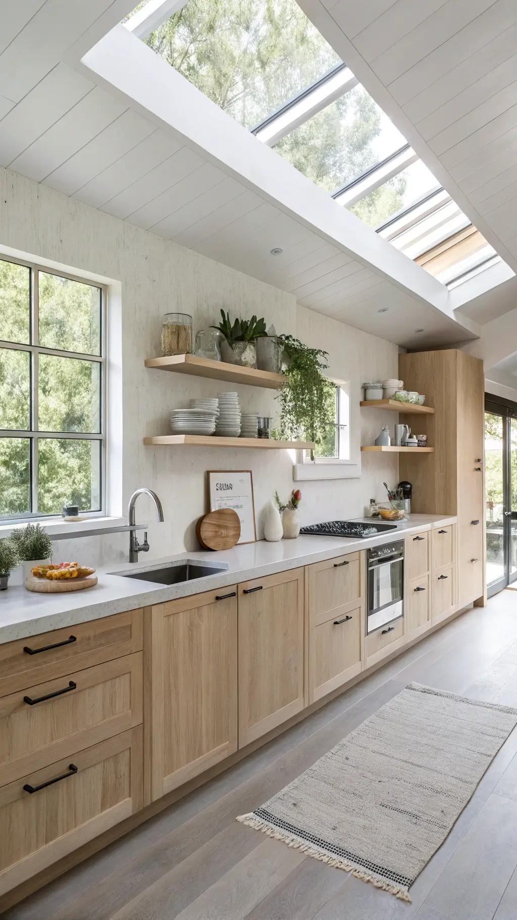 Bright Scandinavian-style kitchen with bleached maple cabinets, concrete countertops, open shelves displaying white pottery, and accents of linen tea towels, wooden utensils, and potted eucalyptus, bathed in soft morning light from skylights.