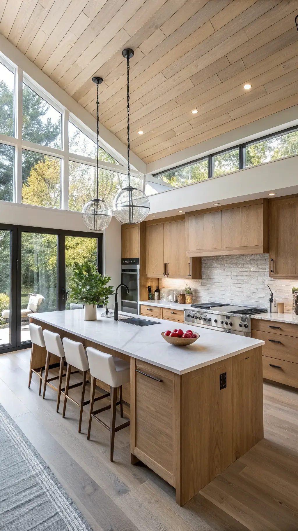 Spacious contemporary kitchen with natural rift-sawn oak cabinets, white quartz waterfall island seating six, clerestory windows, and a glass pendant cluster from a wide-angle dining area view.