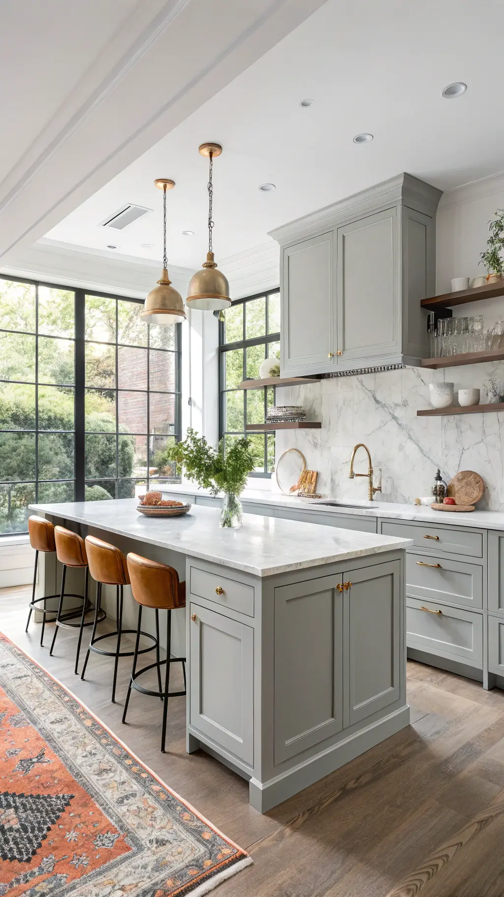 Contemporary kitchen with grey Shaker-style cabinets, white Carrara marble countertops, brass hardware, a large island with tan leather barstools, copper cookware and a vintage Persian runner, bathed in morning light from floor-to-ceiling windows.