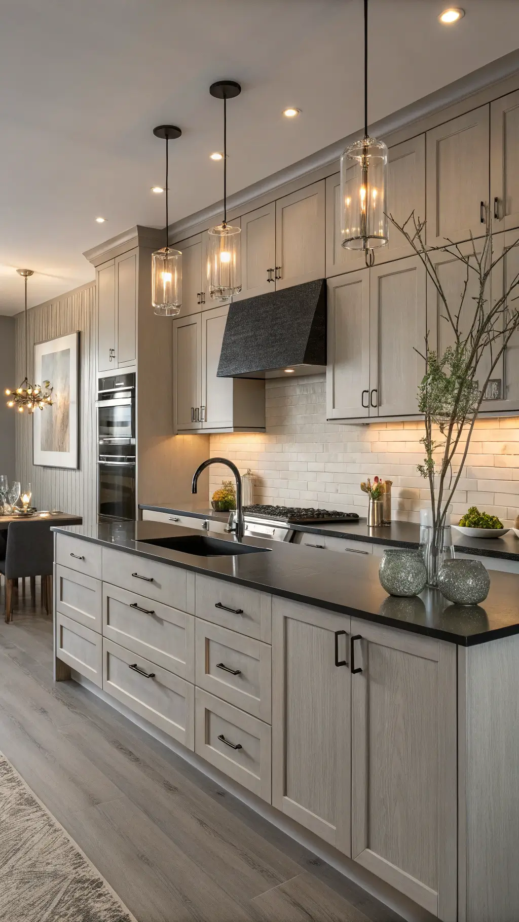 Modern 10x12ft kitchen at golden hour with matte grey cabinets, nickel handles, black granite countertop, smoked glass pendant lights and décor that includes ceramic vessels and eucalyptus branches in glass vases.