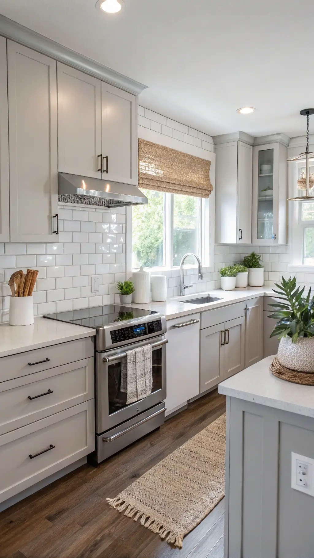 L-shaped kitchen with high-gloss light grey cabinets, white quartz countertops, subway tile backsplash, chrome hardware, stainless appliances, white ceramic serveware, potted fiddle leaf fig, and natural woven roman shades, photographed mid-morning
