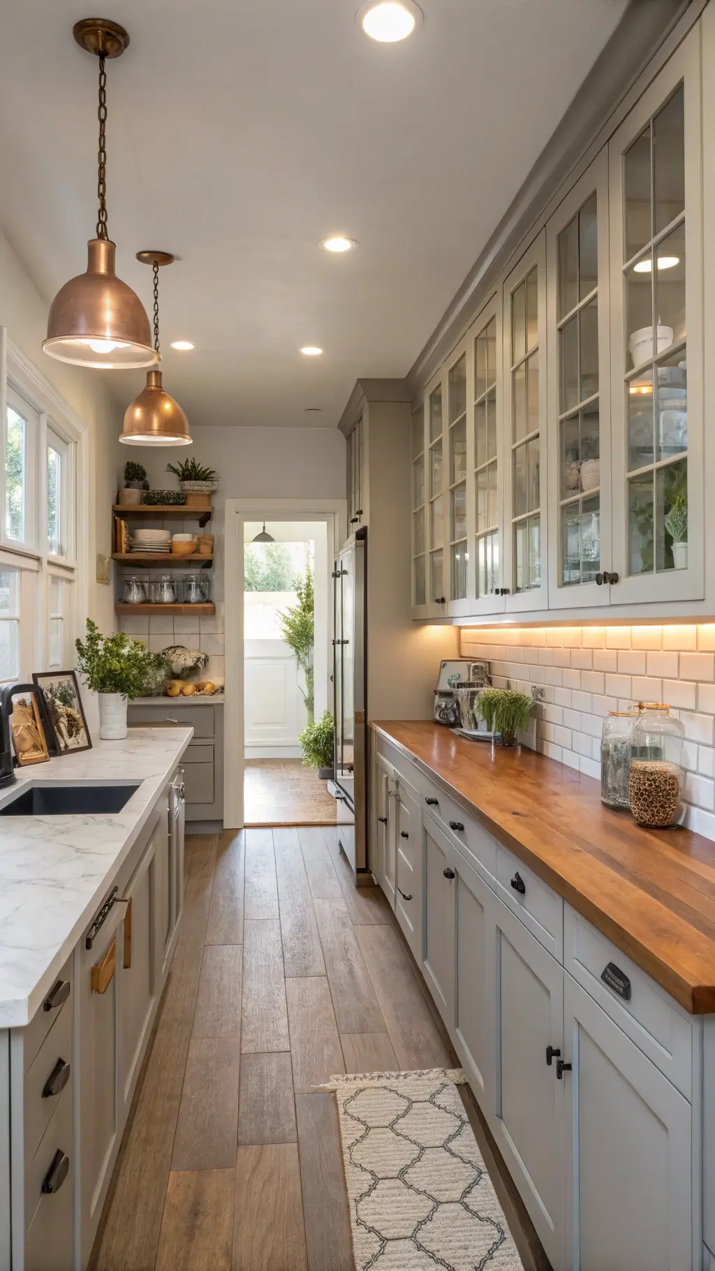 Cozy 8x10ft galley kitchen with two-tone light grey and white cabinets, butcher block countertops, copper pendant lights, and vintage-style decor in soft afternoon light.