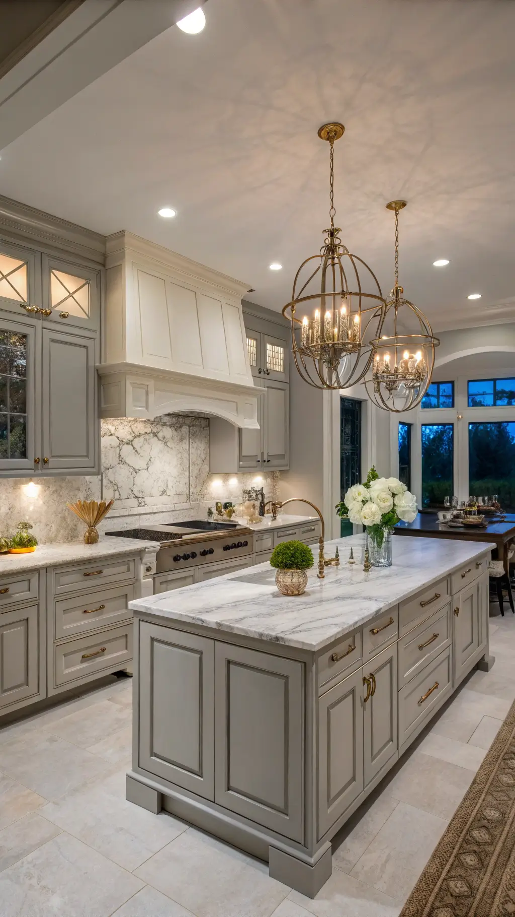 Sophisticated open-concept kitchen with light grey raised panel cabinets, antique brass hardware, marble backsplash, and dark grey island under a crystal chandelier, adorned with white orchids, metallic accents, and pottery, viewed from the dining area at dusk.