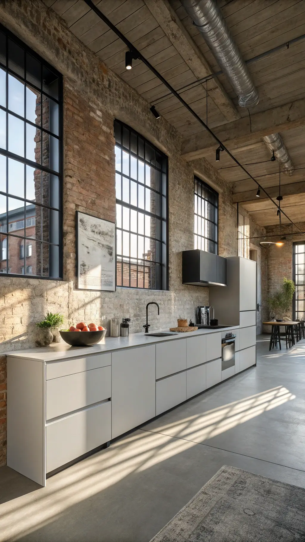 High angle shot of an urban loft kitchen with light grey cabinets, exposed brick walls, concrete floors, black steel-framed windows, and modern art decor in morning light