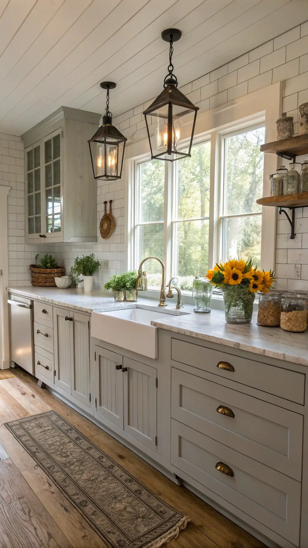 Farmhouse-style kitchen with grey beadboard cabinets, white marble counters, subway tile backsplash, and oak floors in the late afternoon sunlight, decorated with antique crocks, fresh flowers in mason jars, and wooden rolling pins
