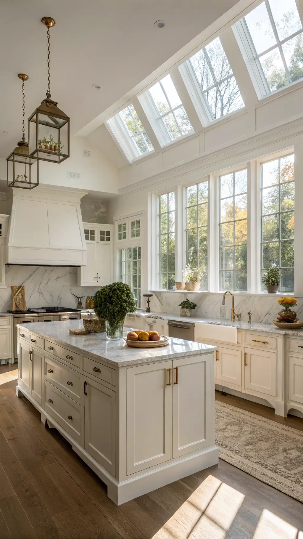 Bright spacious kitchen with off-white cabinets, Calacatta marble island, copper cookware, and fresh herbs, during golden hour.