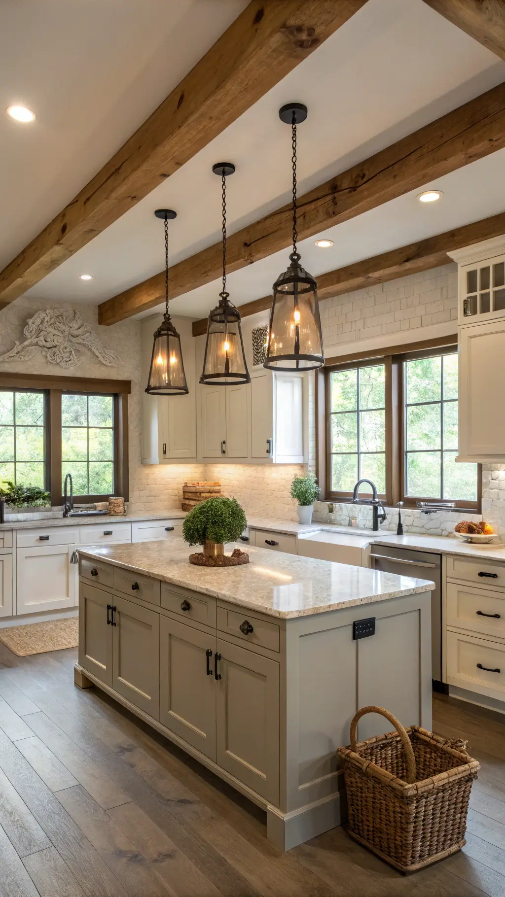 Modern farmhouse kitchen with cream-colored cabinets, black hardware, exposed wooden beams, butcher block island, and antique copper vessels under early afternoon light.