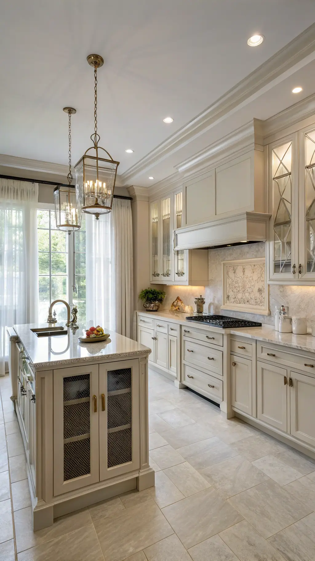 Elegant transitional L-shaped kitchen with eggshell cabinets, champagne bronze hardware, White Macaubas quartzite countertops, and diffused afternoon light filtering through Belgian linen curtains.
