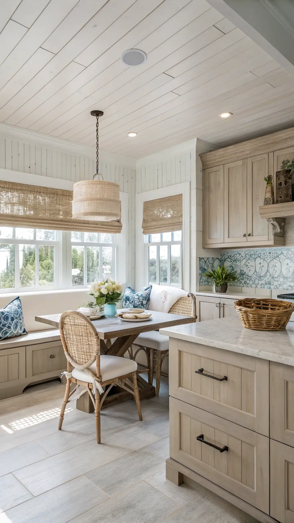 Coastal-inspired 13x17ft kitchen with greige cabinets, limestone floors, white subway tile backsplash, and whitewashed ceiling planks; styled with blue chinoiserie, seagrass accents, and vintage glass floats in a breakfast nook area illuminated by natural daylight.