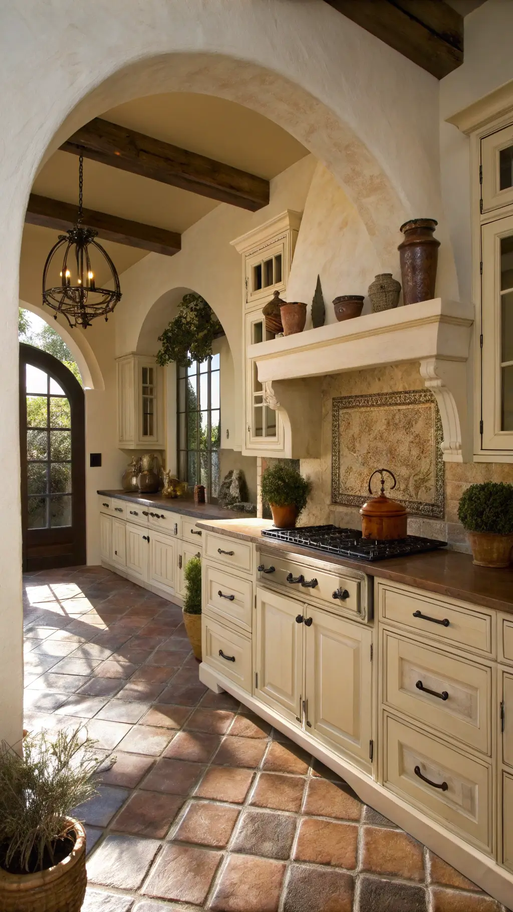 Mediterranean style kitchen with off-white cabinets, oil-rubbed bronze hardware, terracotta floors and hand-painted tiles. Decorated with copper pots, earthenware vessels, dried herbs, and natural fiber baskets, highlighting architectural details in late morning light.