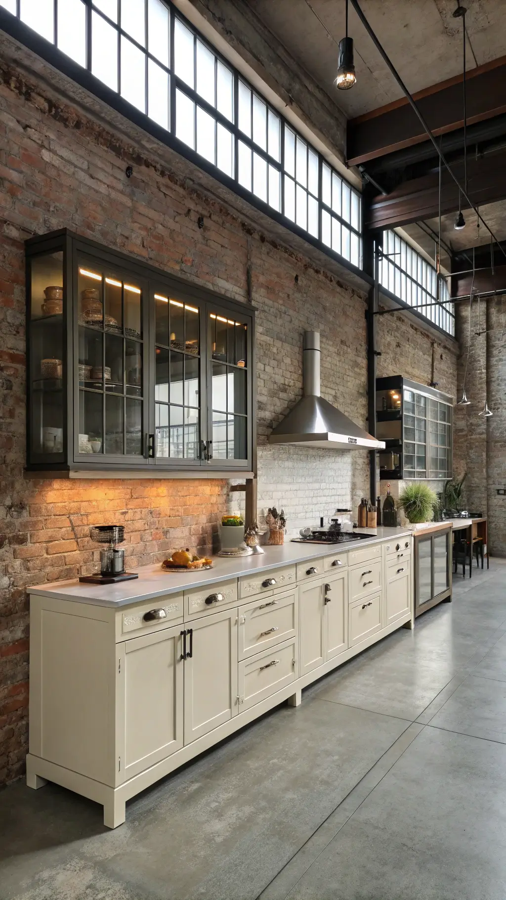 Industrial-chic kitchen with taupe-white cabinets, steel-framed glass uppers, exposed brick wall, side lighting through factory-style windows, zinc-topped island, and accents of blackened steel, aged brass, and chrome. Decor includes concrete accessories, vintage scales, and industrial lighting fixtures.