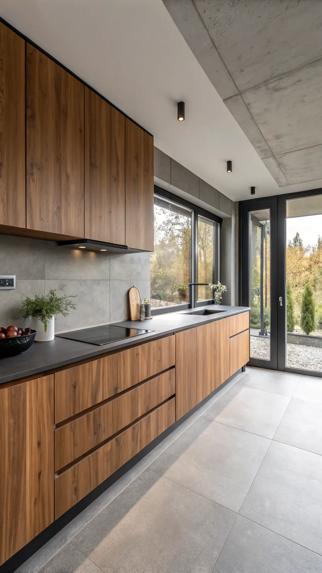 Overhead view of a minimalist 14x14ft kitchen with warm wood veneer cabinets, concrete countertops, and floor-to-ceiling storage wall facing industrial-style windows, styled with black ceramics and wooden cutting boards.