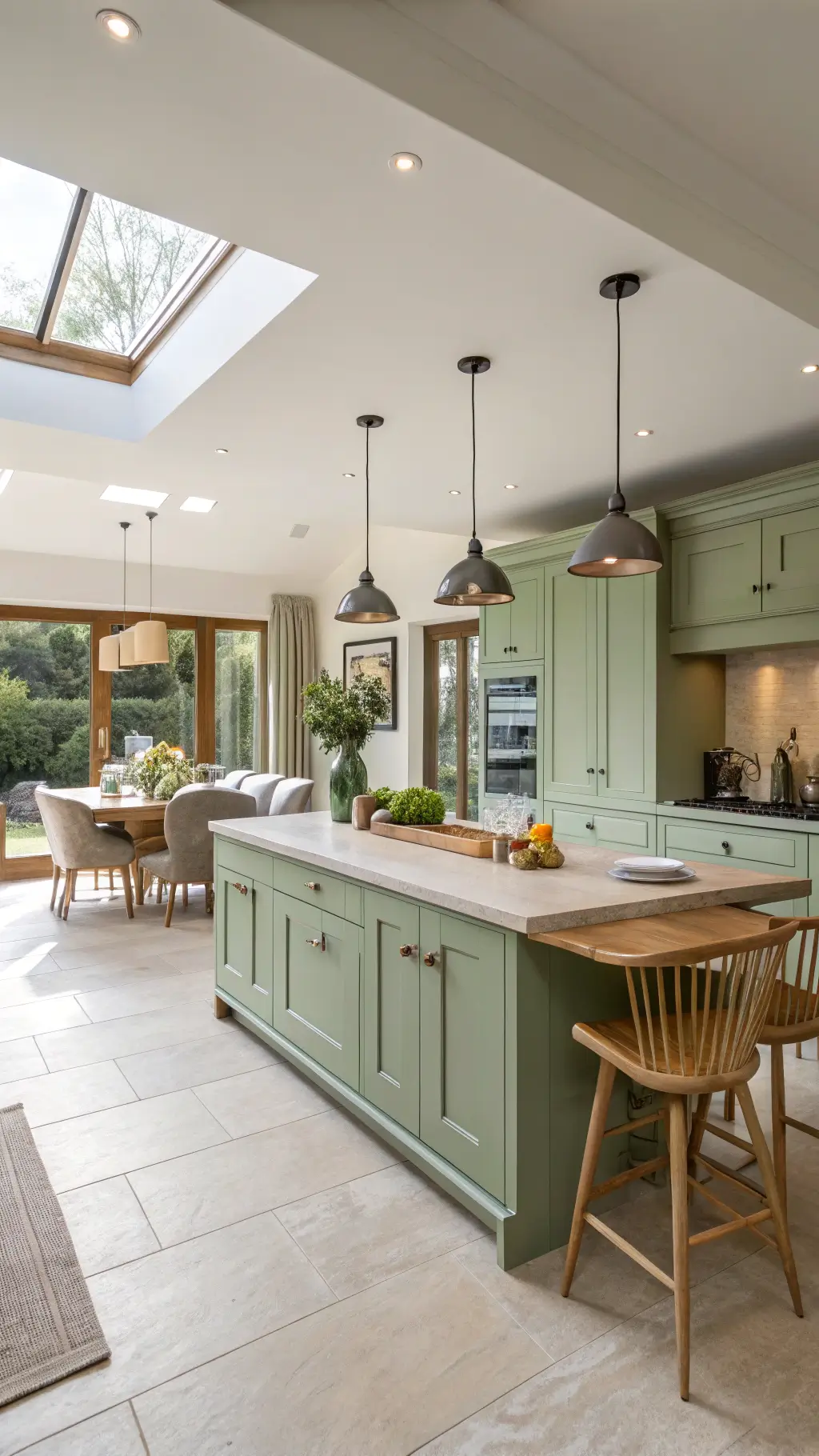 Family-friendly modern kitchen-diner with sage green cabinets, large central island, breakfast bar, natural oak elements and pendant lighting in afternoon sunlight.
