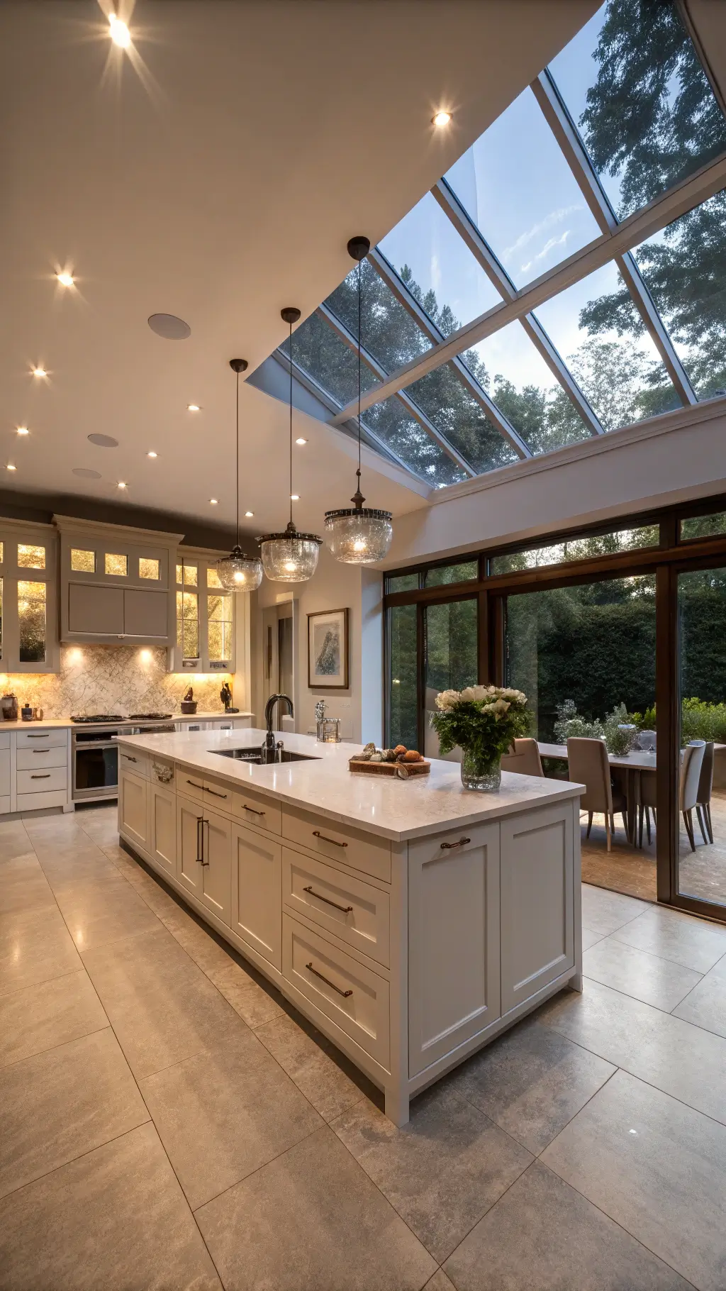 Spacious open-concept kitchen with custom SEKTION system, island with integrated appliances, floor-to-ceiling pantry under dusk skylight lighting, shot from dining area.