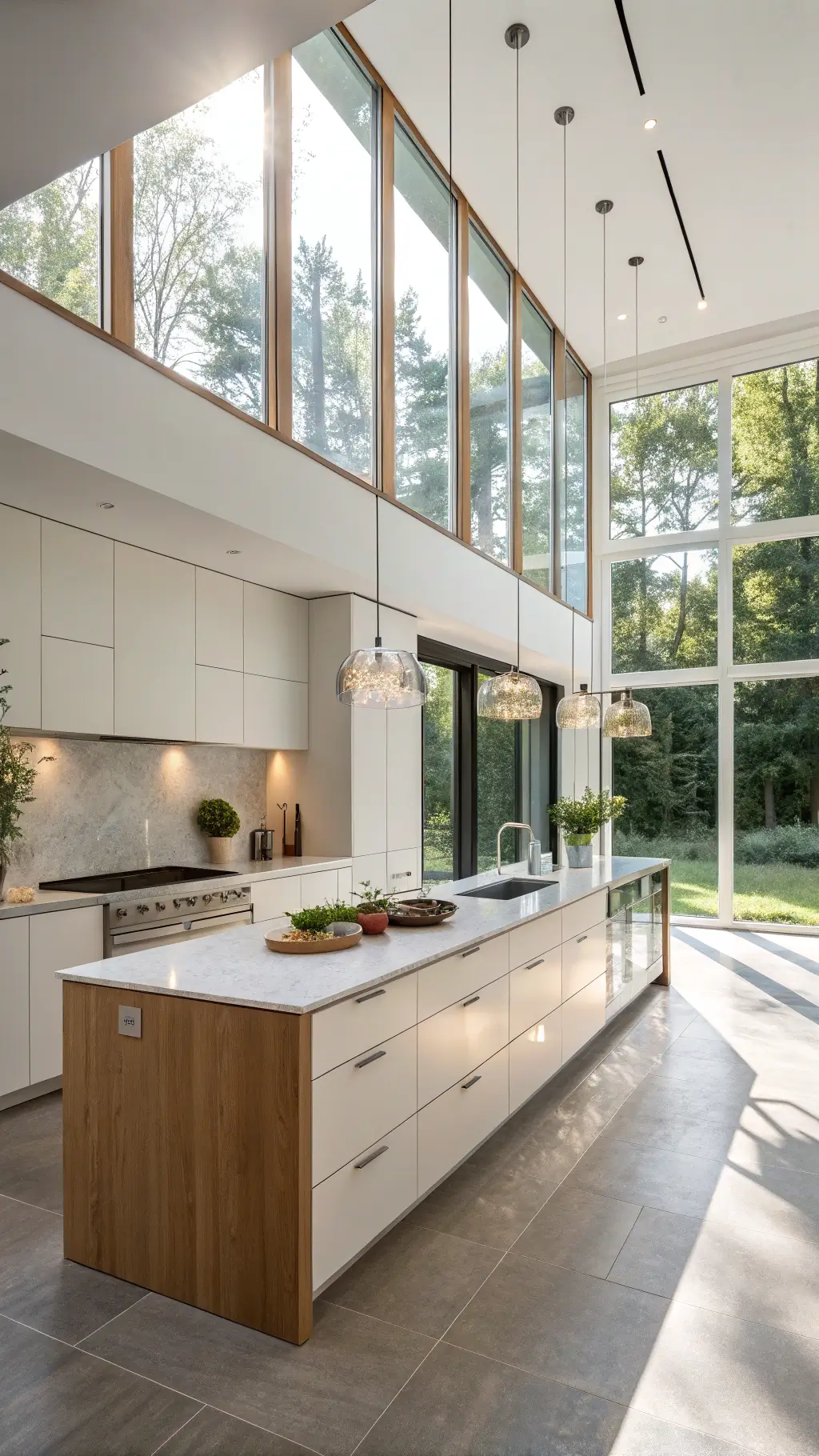 Morning light streaming into a spacious contemporary kitchen with floor-to-ceiling white Euro frameless maple cabinets, polished concrete countertops, a center island with waterfall edges, and minimalist copper cookware and fresh herbs in concrete planters setting.