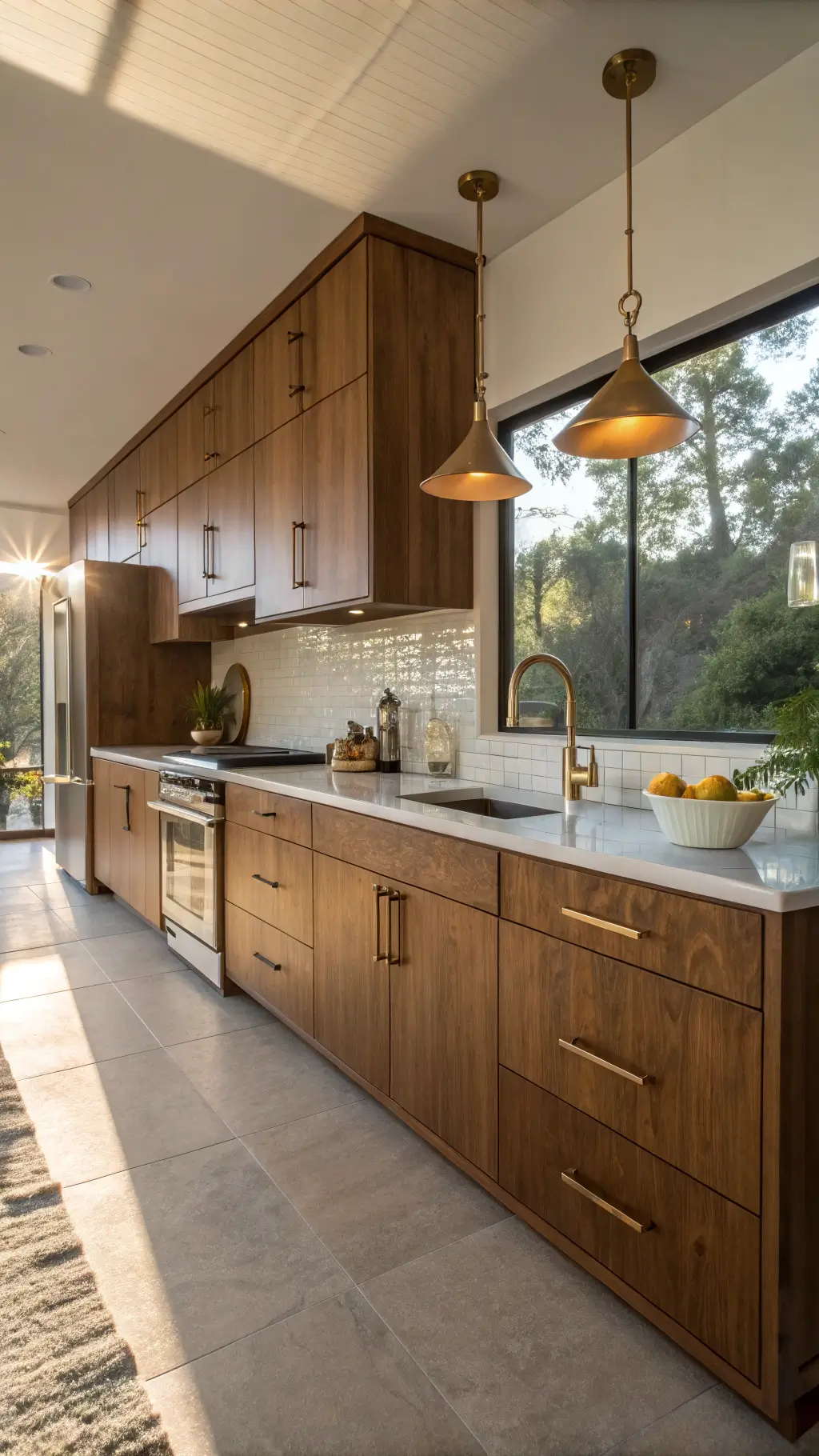 Mid-century modern kitchen illuminated by golden hour sunlight, featuring walnut slab cabinet doors with brass bar pulls, geometric pendant lights, terrazzo countertops, teak bowl collection, vintage ceramics and dramatic shadows through window slats.