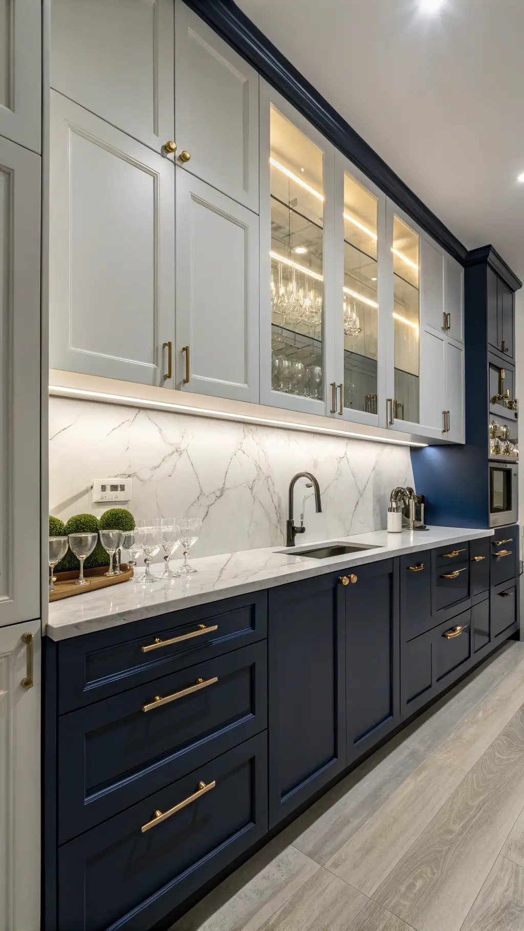 Intimate galley kitchen illuminated under cabinet light, featuring two-tone navy and white cabinets with brushed steel handles, marble backsplash, chrome appliances and glassware, captured during blue hour for a moody atmosphere