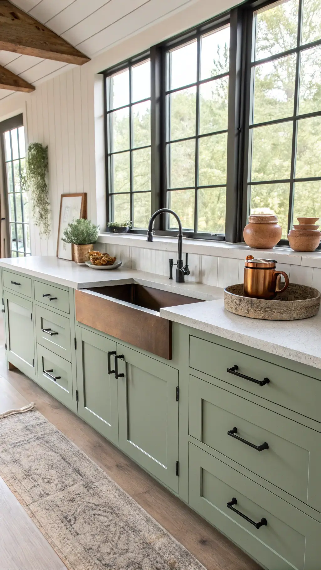Elevated view of a bright, airy 14x16ft modern farmhouse kitchen with sage green Shaker cabinets, black T-bar pulls, concrete sink, white oak floors. Features include mullioned windows, an island, copper pots, and earthenware crocks.