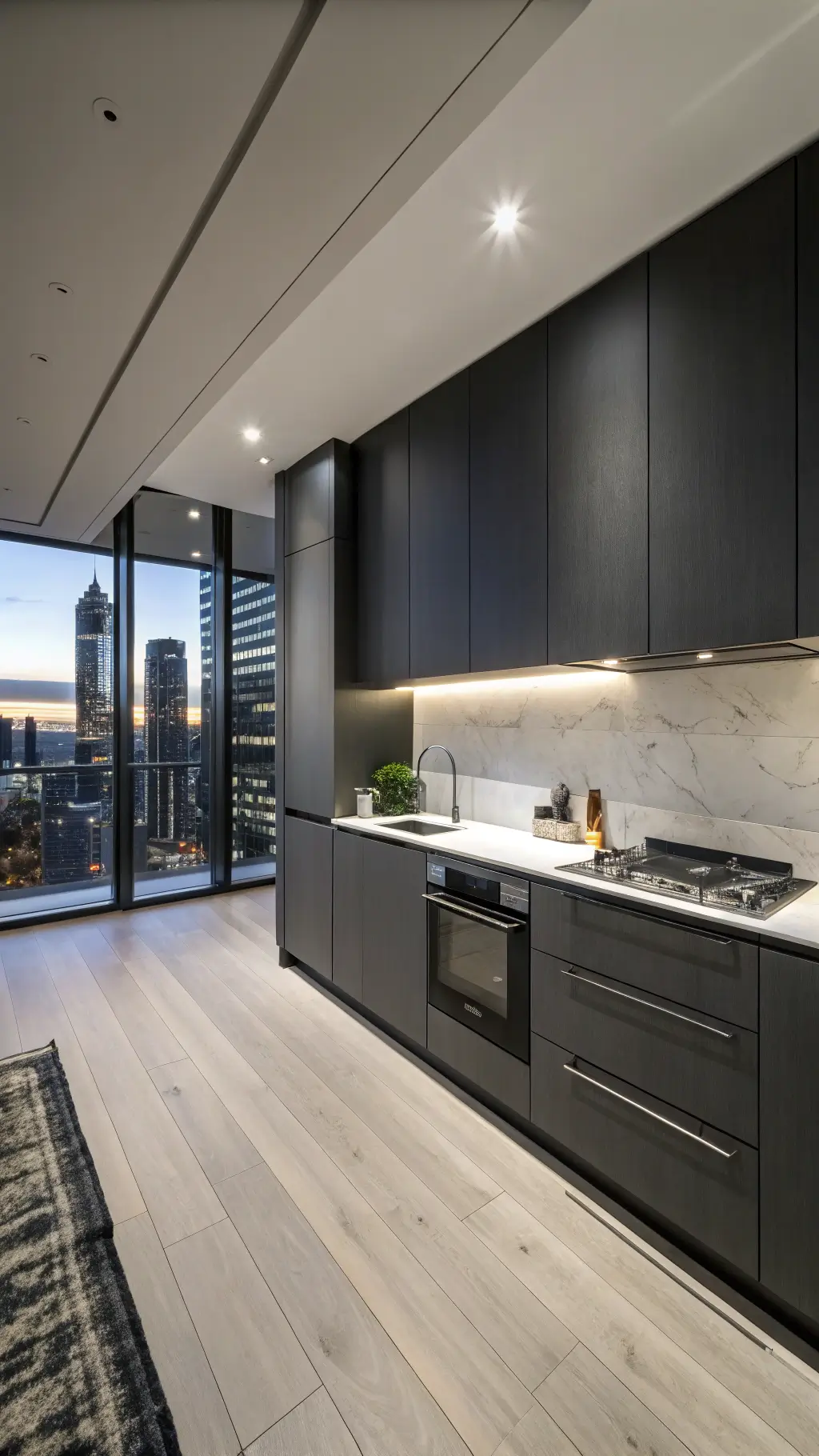 Minimalist penthouse kitchen with charcoal cabinets, bleached oak floors and white quartz surfaces, enhanced by dusk hour's shadows and city lights.