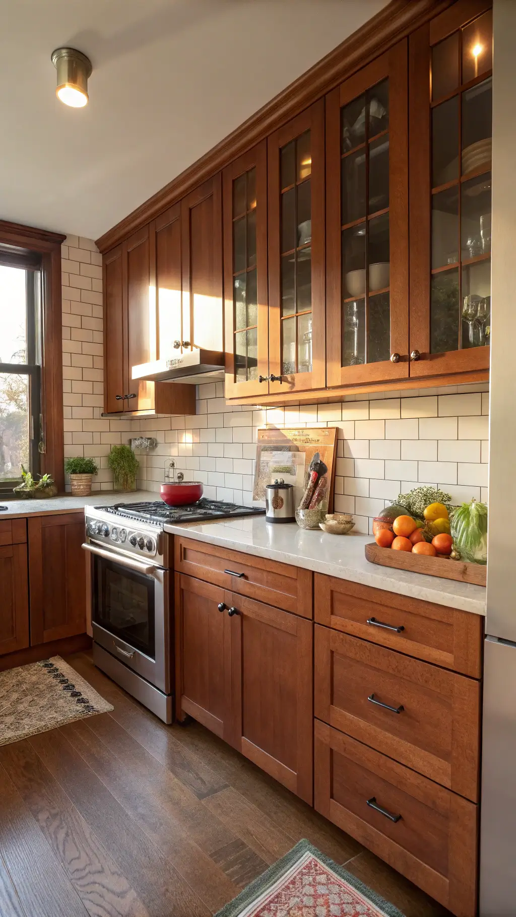 Small and efficient urban kitchen with cherry wood cabinets, glass-front upper cabinets displaying collections, subway tile backsplash, professional cookware, and fresh produce, bathed in warm afternoon sun.