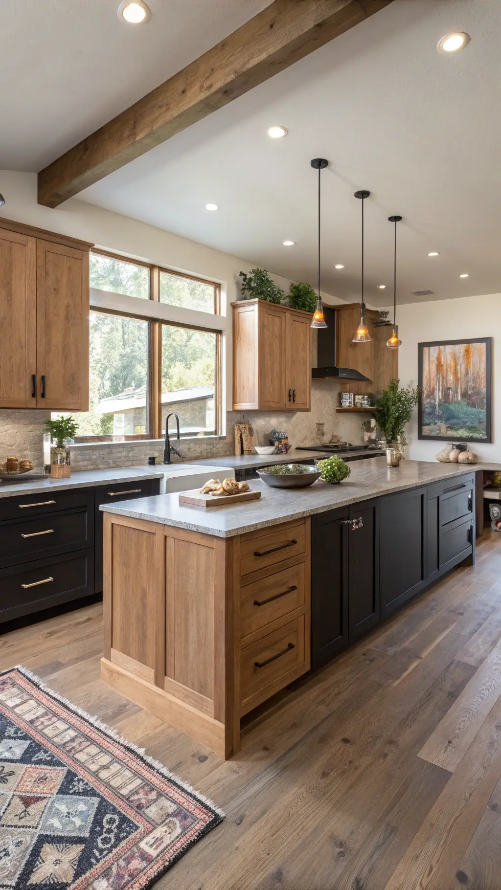 Spacious, open-plan kitchen featuring alder wood cabinets with two-tone finish, a quartz island centerpiece, and a variety of modern art and ceramics bathed in morning light.