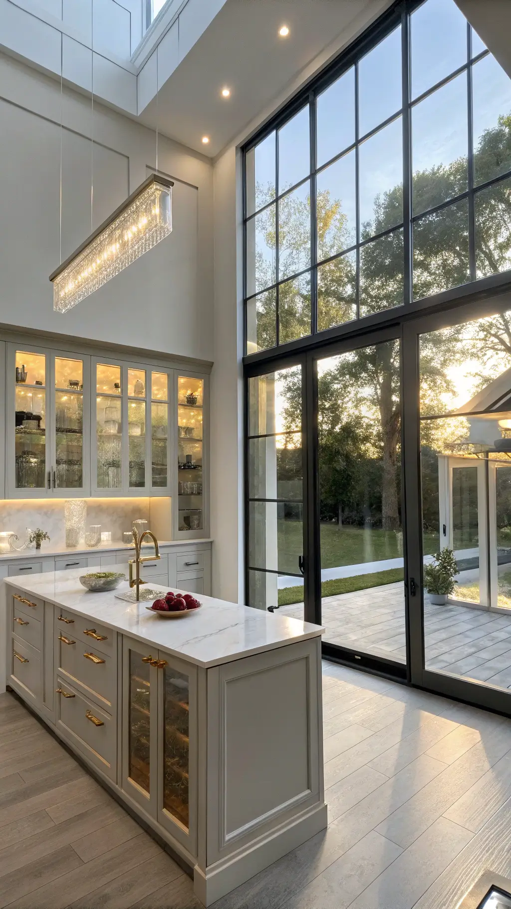 Modern kitchen interior with late afternoon sunlight streaming through tall windows, revealing collections of porcelain and crystal in floor-to-ceiling glass cabinets, featuring pearl white quartz waterfall island, warm LED lighting, and polished concrete floors in cool grays and whites with brass accents.