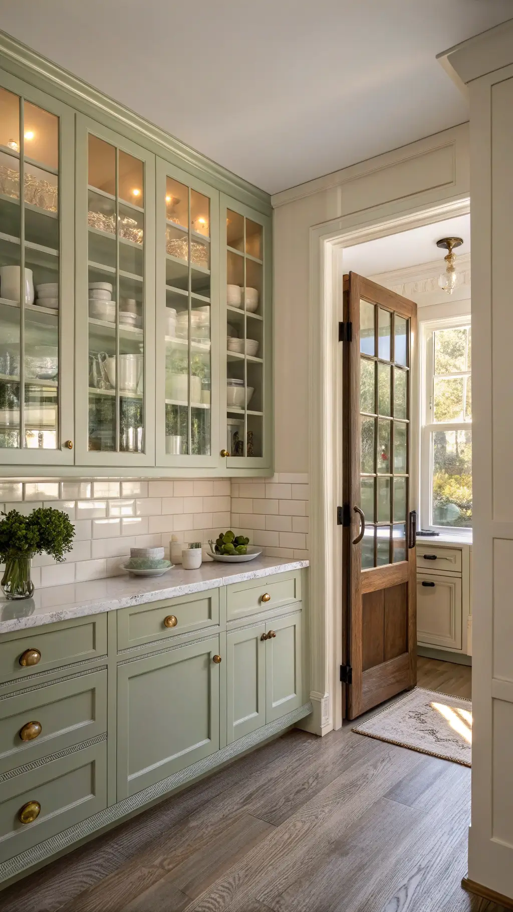 Early morning light filtering through vintage-inspired frosted glass cabinets in a 14x16ft transitional kitchen with sage green lower cabinets, cream-colored walls, and white subway tile backsplash.