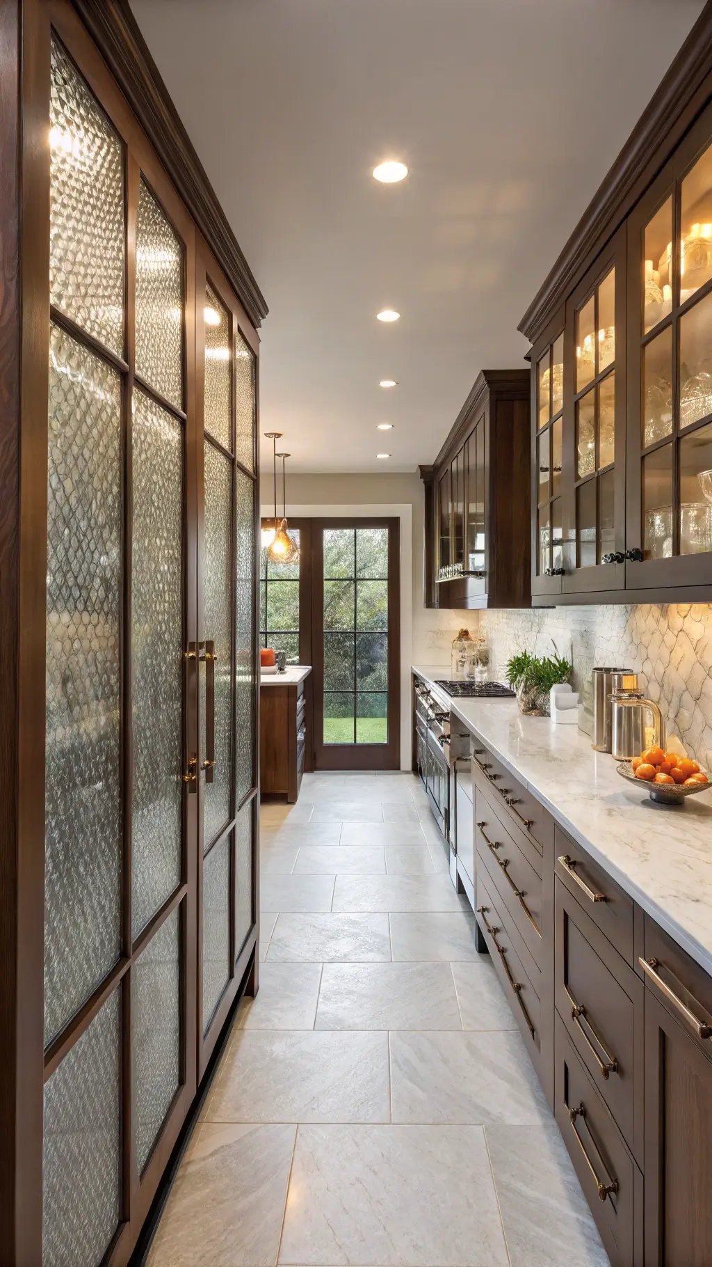 Contemporary galley kitchen featuring rain glass cabinet doors with dark walnut frames, mixed metal fixtures, white marble countertops, and strategic accent lighting during golden hour