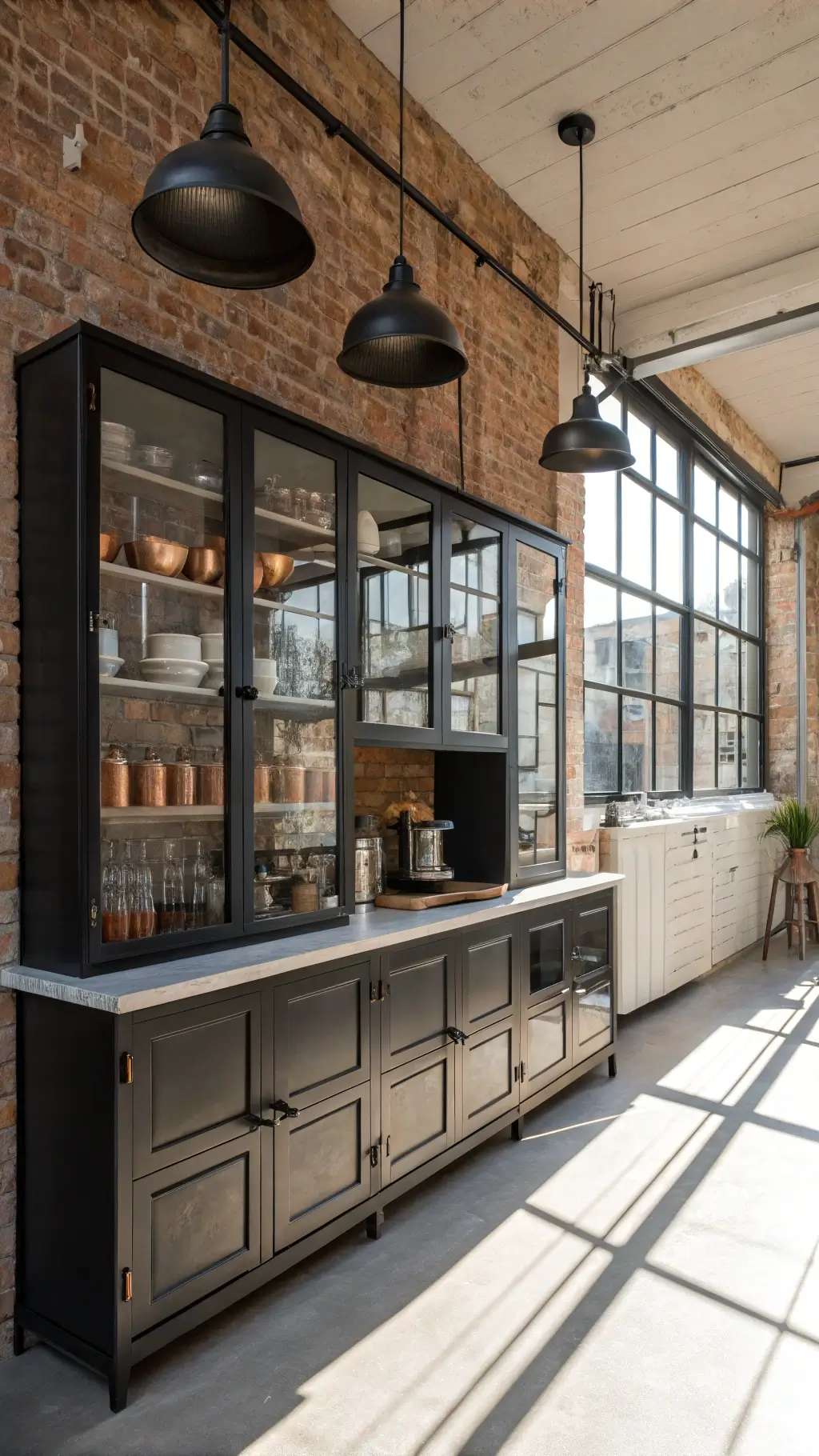 Elevated shot of industrial-modern open-concept kitchen with glass cabinets mounted on exposed brick wall, black steel frames, vintage copper cookware and pendant lighting.