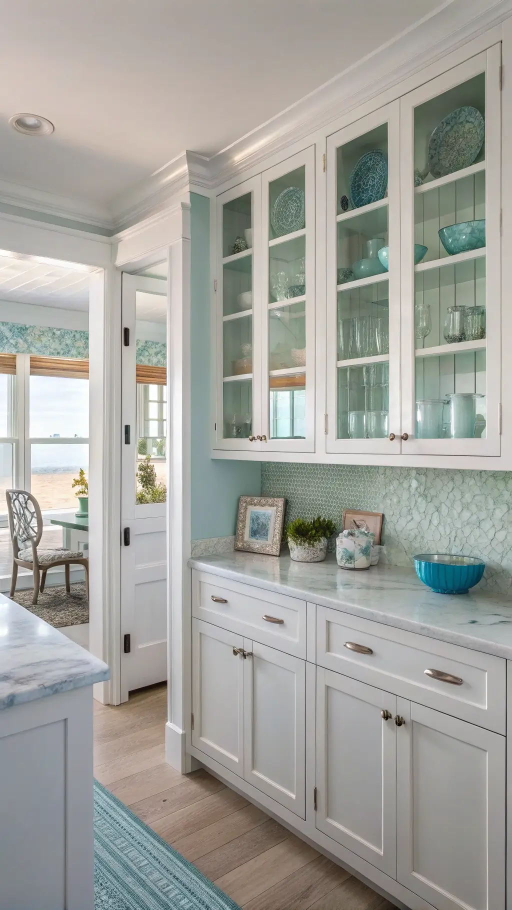 Coastal kitchen with seaglass-inspired frosted cabinet doors, white shaker frames, open shelving, marble counters, and pale blue walls lit by diffused afternoon light