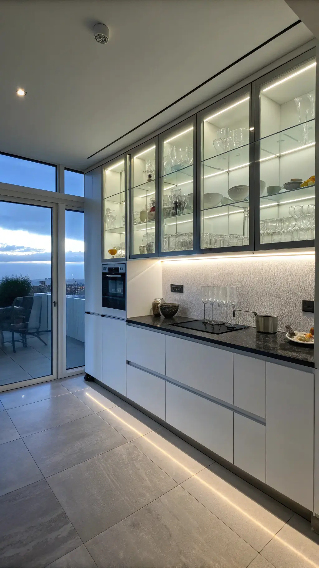 Minimalist kitchen bathed in twilight ambience with frameless glass cabinets, LED-illuminated shelves displaying monochromatic dishware, and contrasting white and black cabinetry and counters, showcasing geometric composition from a corner angle