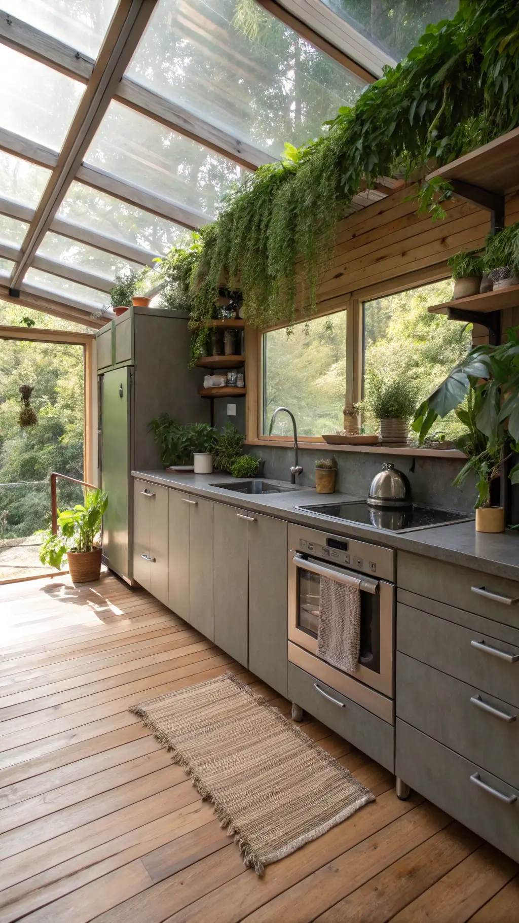 Eco-friendly modern kitchen design with recycled aluminum cabinets, bamboo flooring, living wall feature, energy-efficient appliances, and sustainable materials under soft morning light.