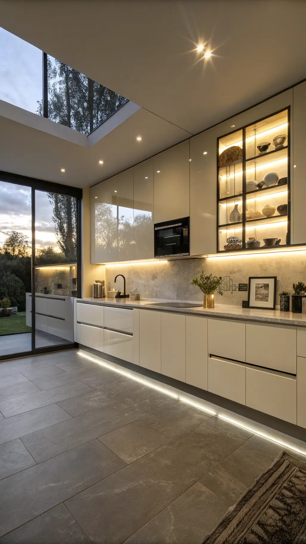Modern cream kitchen with high-gloss cabinets, backlit floating shelves, smoky mirror backsplash, matte black fixtures, and charcoal porcelain floors at dusk, illuminated by LED accent lighting.